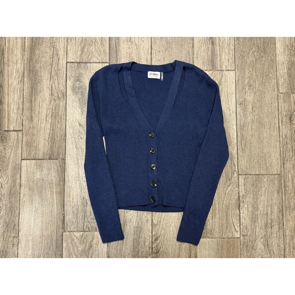 27 Miles Navy Blue Cashmere Cotton Blend Knit V-Neck Cardigan Sweater Large